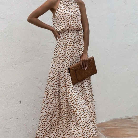 Boho cream brown dot belted halter maxi dress - Picture 6 of 8